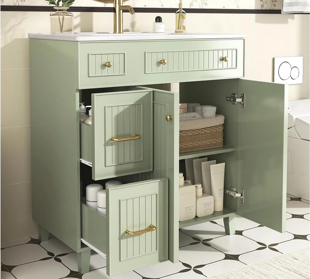 Meble łazienkowe z ceramiczną umywalką - z 2 frontami i 2 szufladami - zielony (bateria nie jest wliczona w cenę)