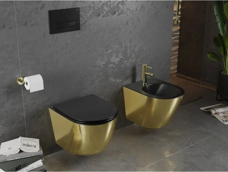 Mexen Lena miska wc Rimless z deską wolnoopadającą slim, duroplast, czarna mat/złota - 30224076