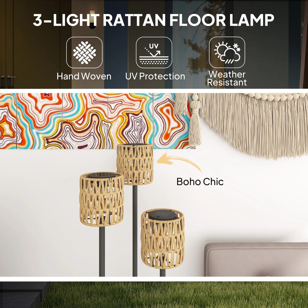 Outsunny Stojąca Lampa Solarna Rattan z Czujnikiem Światła 3 Światła w stylu Boho IP44 Ø37 x 144H cm