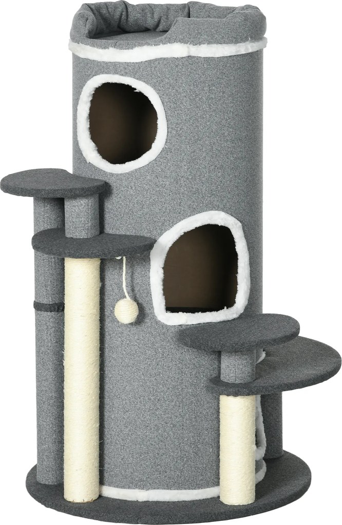 PawHut Drapak dla Kota, 2 Kocie Jaskinie, 4 Platformy, 4 Słupy do Drapania, 57 cm x 57 cm x 99 cm, Szary + Biały