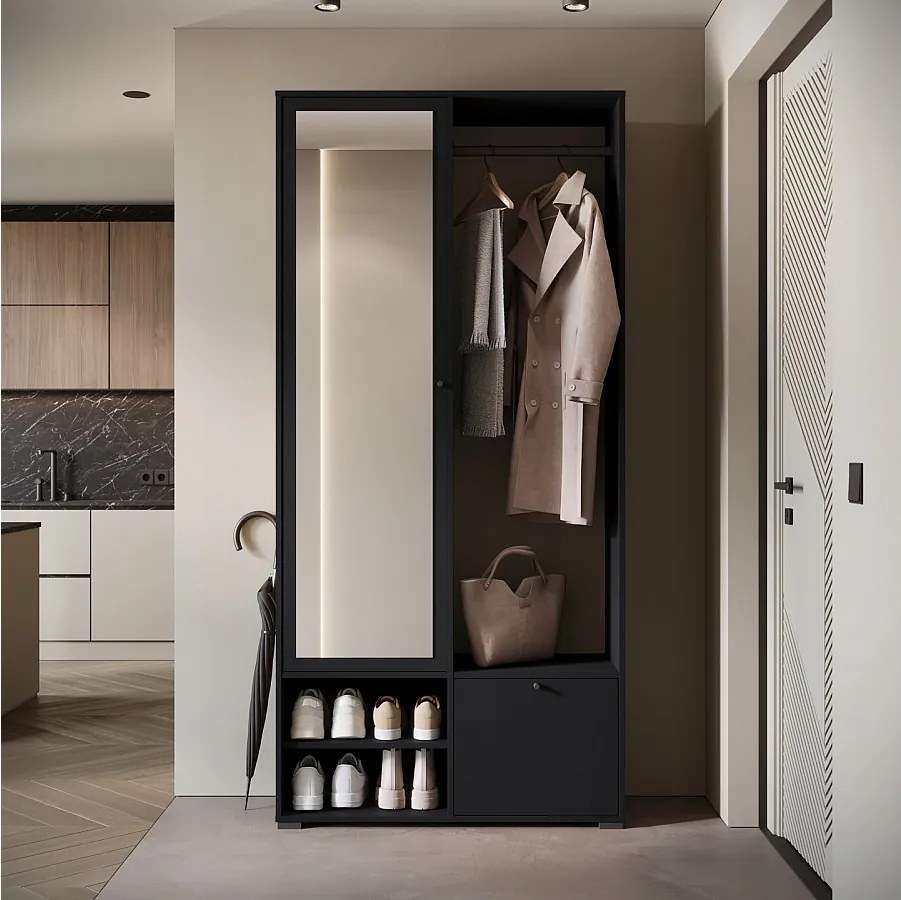 Nowoczesna garderoba 90 cm szafa do przedpokoju z lustrem półkami i drążkiem mat czarny grafit