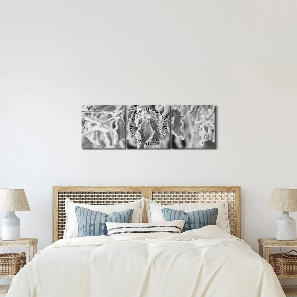Obraz - Zmarznięte liście, czarno - biały (z zegarem) (90x30 cm)