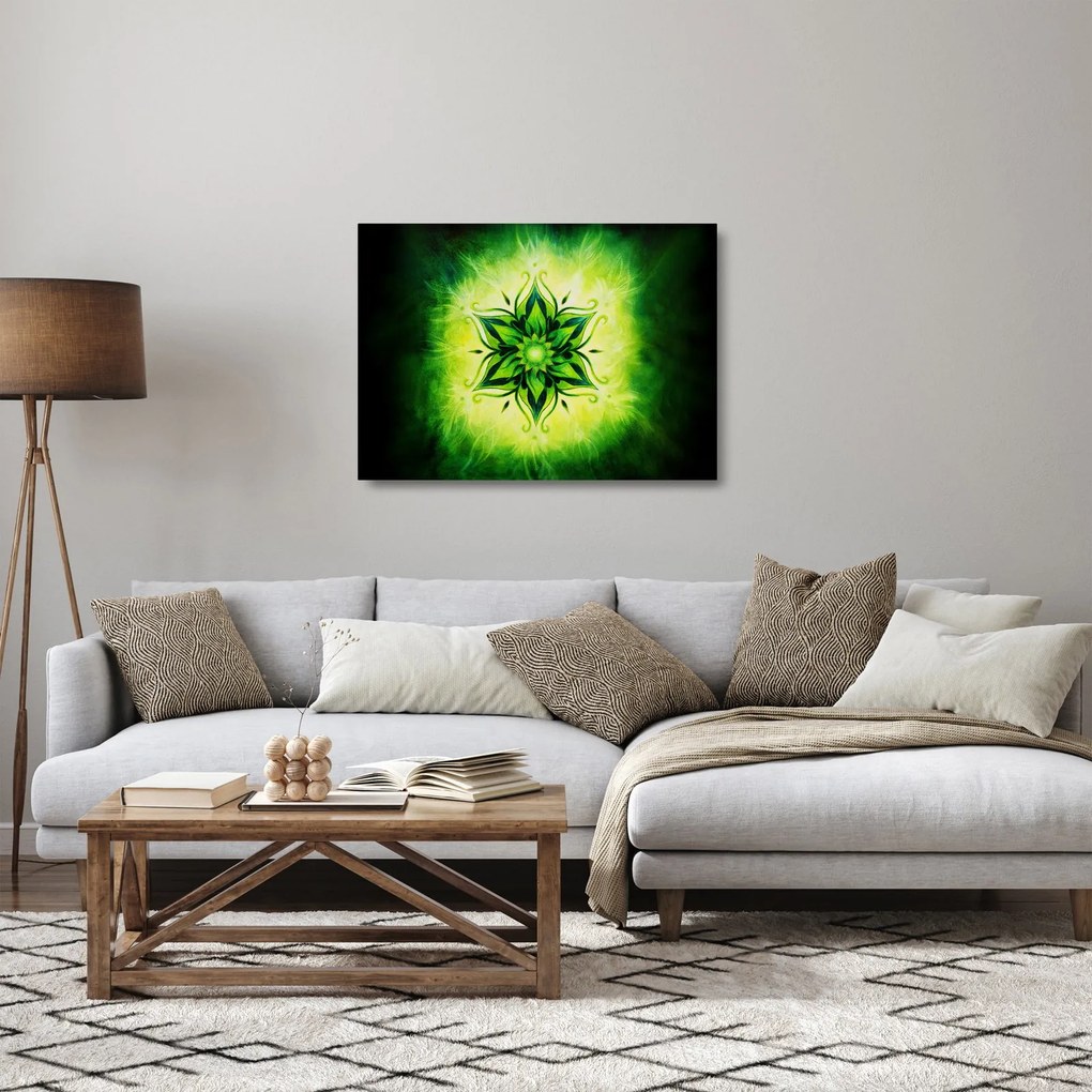 Obraz na szkle - Kwiatowa mandala na zielonym tle (70x50 cm)