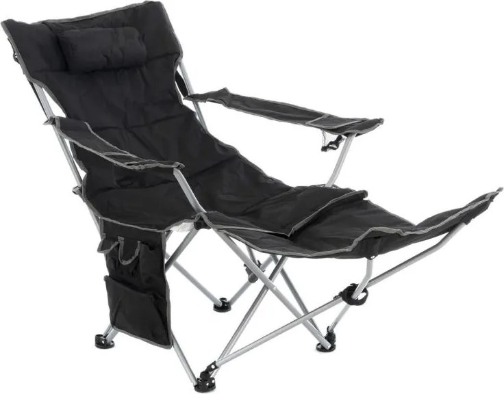 Krzesło kempingowe ze zdejmowanym podnóżkiem, czarne