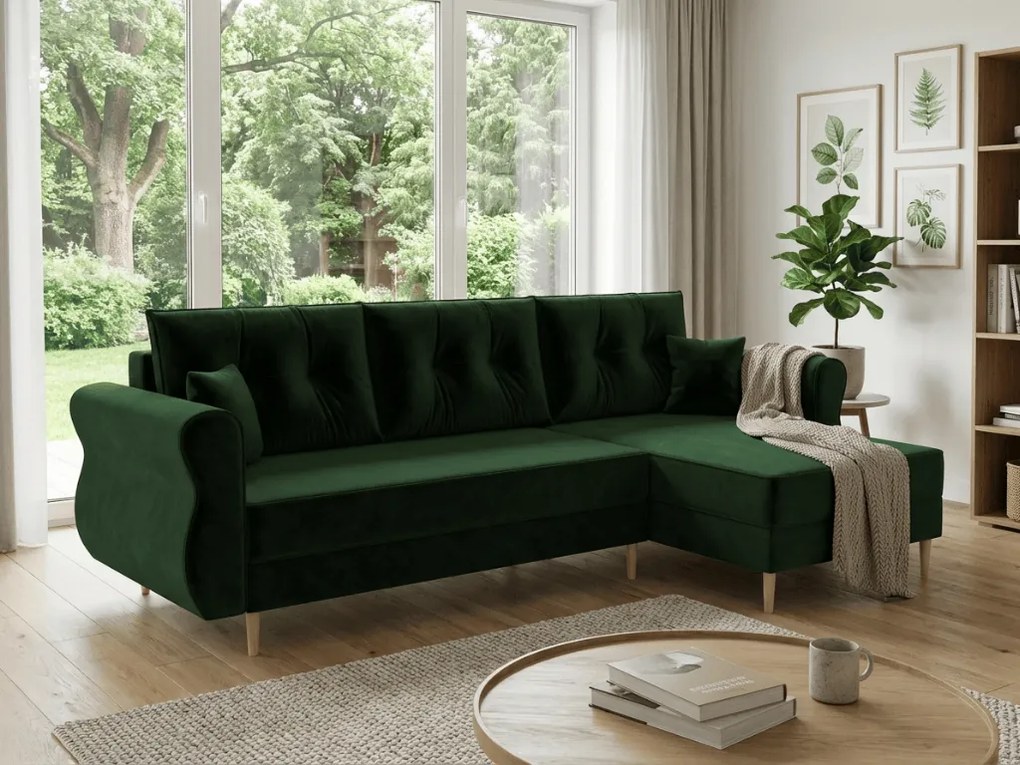 PROMOCJA Rozkładany dwustronny zestaw wypoczynkowy w kształcie L SILVIANO 230x140 cm, ciemnozielony II jakość
