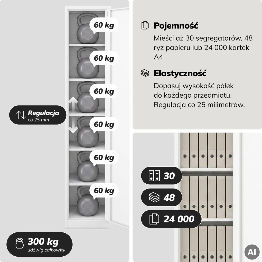 Szafa na akta kartotekowa na klucz wysoka biała, 450x2200x400 mm: ALEX H2200