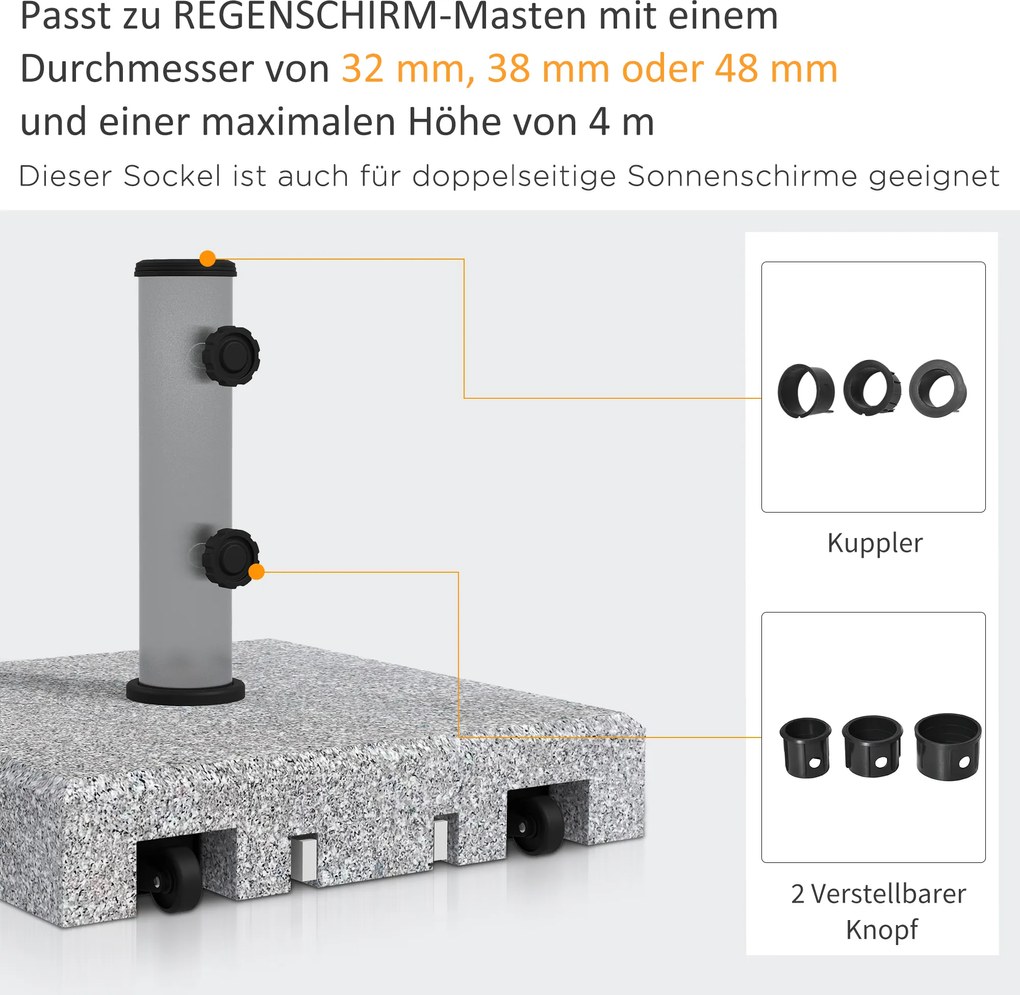 Outsunny Podstawa pod Parasol z Granitu, 28 kg, Koła, dla Masztów 32/38/48mm, Szary
