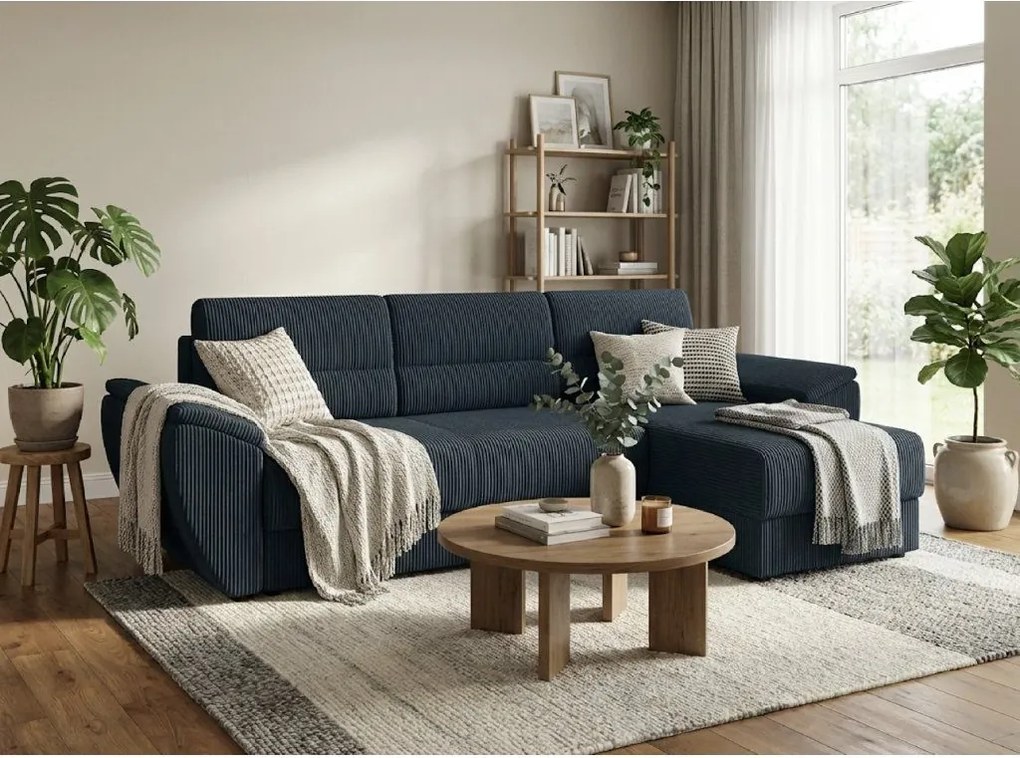 Rozkładana narożna sofa TAVERO 251x140 cm, ciemnoniebieska, uniwersalna