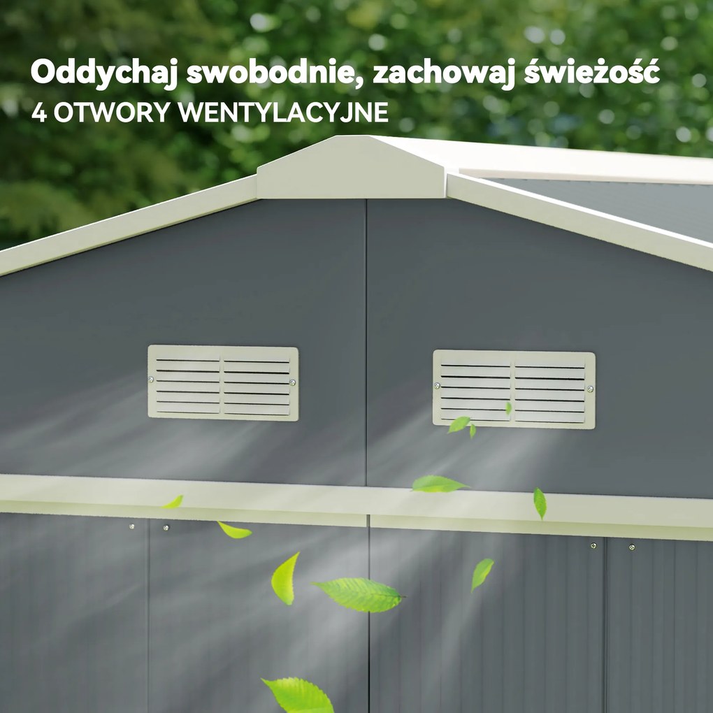 Outsunny Szopa Ogrodowa, Wodoodporny Domek na Narzędzia Ogrodowe, z Oknami Wentylacyjnymi, Drzwiami Przesuwnymi, Stal, Węgielny Szary
