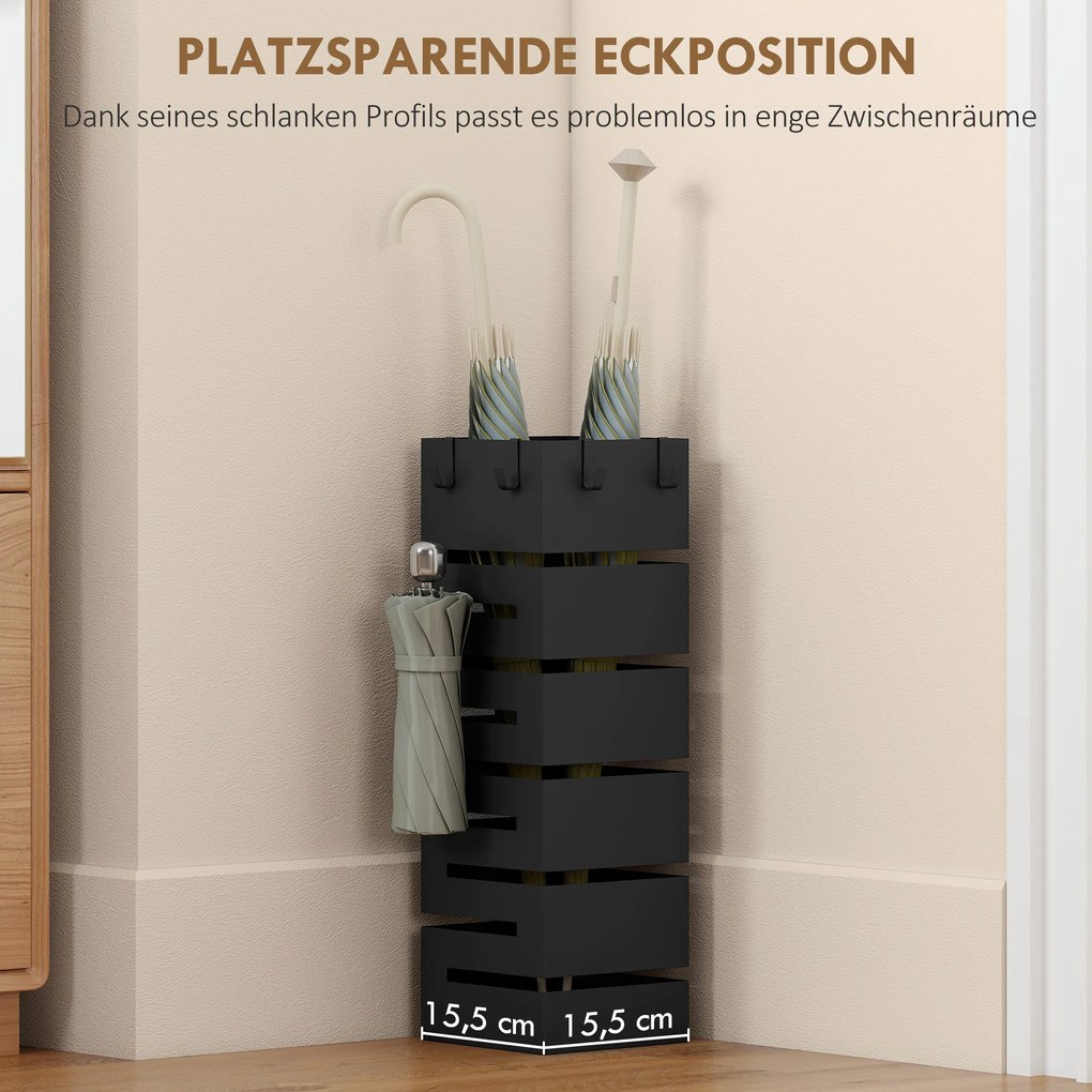 HOMCOM Stojak na parasole, metalowy stojak na parasole, wolnostojący stojak z haczykami i tacką ociekową, miejsce na 8 parasoli, czarny | Aosom PL