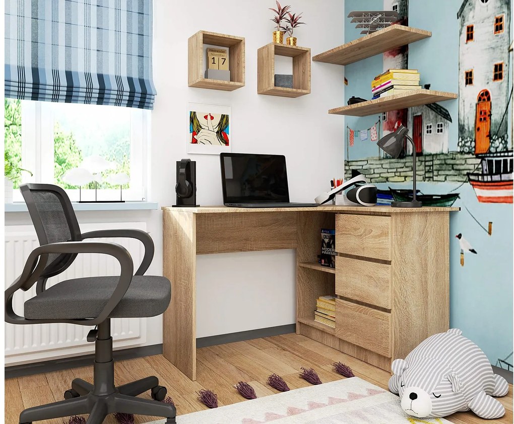 Biurko narożne AKORD B16 Dąb Sonoma 124 cm prawe 3 szuflady kolor Dąb Sonoma mat 2 półki 124x85x77 cm