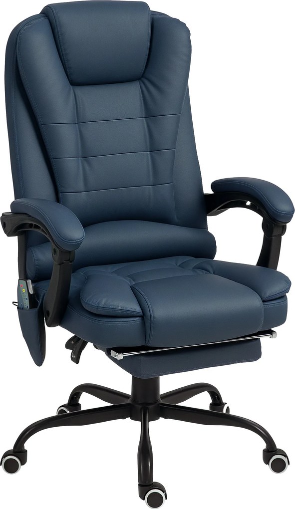 Vinsetto Fotel Biurowy z Masażem, 7 Punktów Wibracyjnych, Regulowany Podnóżek i Oparcie, do 120 kg, Wygląd Skóry, Niebieski