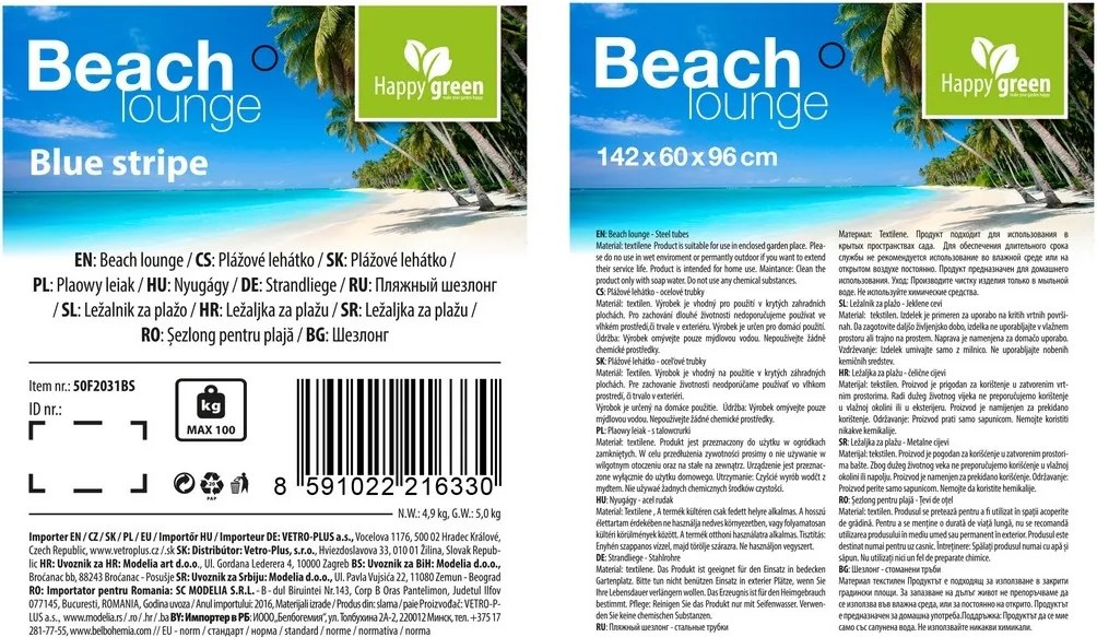 Happy Green Leżak plażowy niebieski, 142 x 60 x 96cm