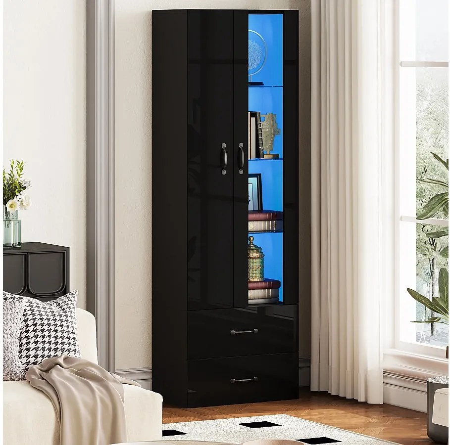 Witryna z drzwiami transparentnymi - 60 x 35 x 182,5 cm - z diodami LED + 2 drzwi + 2 szuflady - płyta wiórowa - kolor czarny