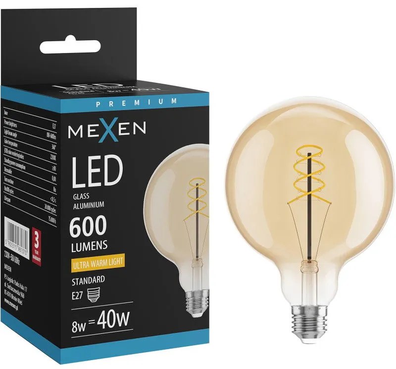 Mexen Vintis żarówka filament spirala LED E27, G125, 8W, Ciepła - 2200K, 600 lm, amber - L168-E27-0822-50