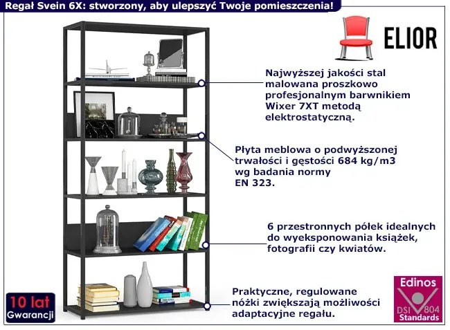 Czarny otwarty regał w stylu industrialnym - Svein 6X