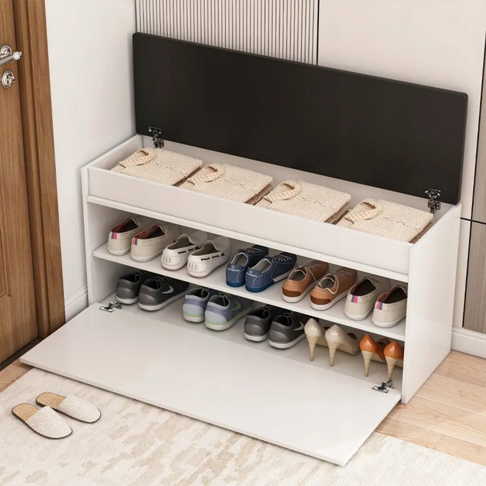 Biała szafka na buty z wyściełaną ławką i schowkiem – 100 x 49 x 35 cm