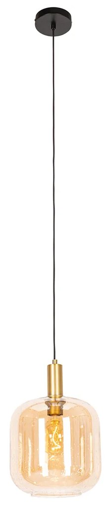 Designerska lampa wisząca czarna z mosiądzem i bursztynowym szkłem - ZuzannaDesignerski Oswietlenie wewnetrzne
