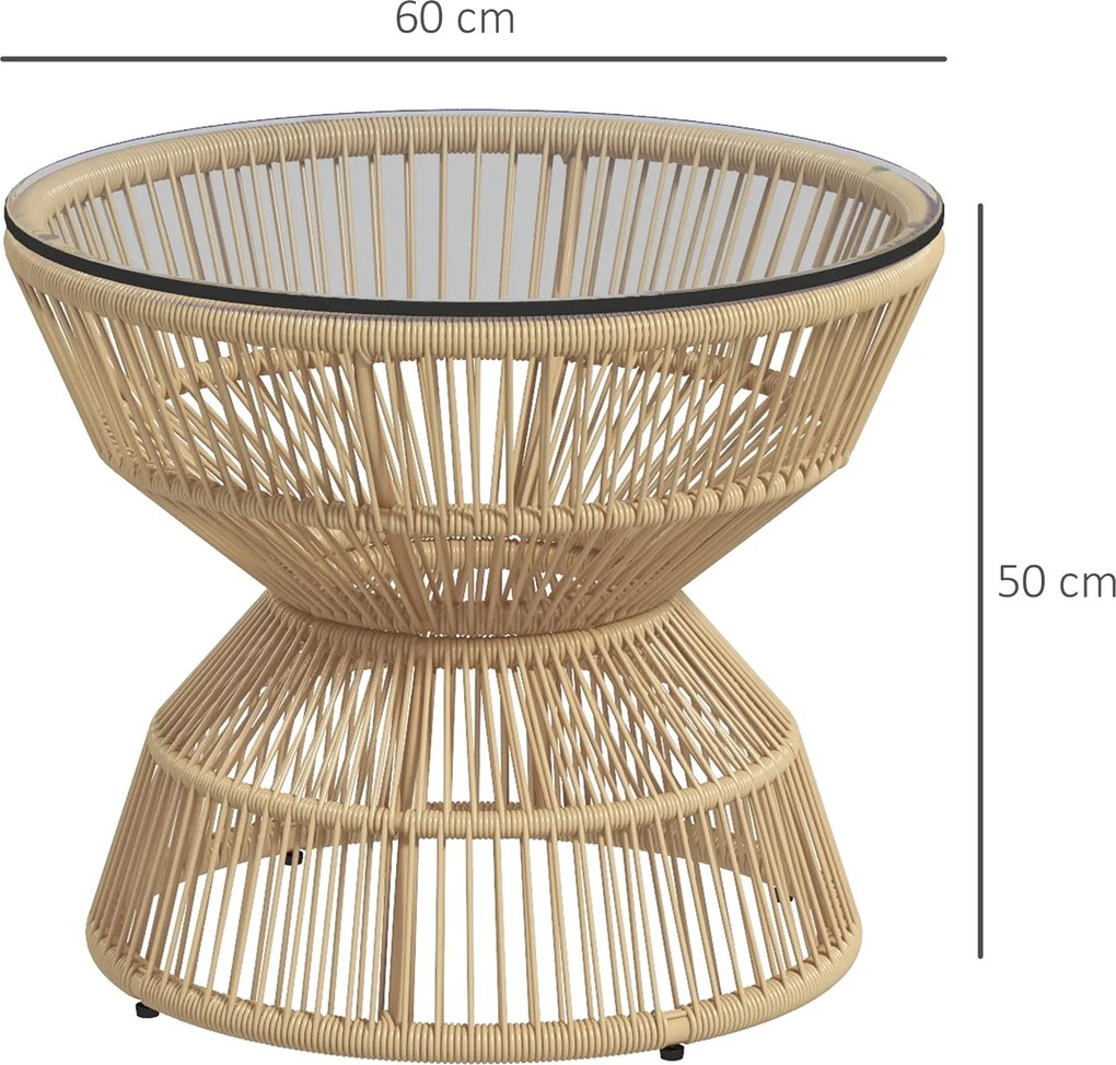 Outsunny Stolik boczny z rattanu Ø60 cm z hartowanym szklanym blatem Styl boho do ogrodu i balkonu Drewno naturalne | Aosom PL