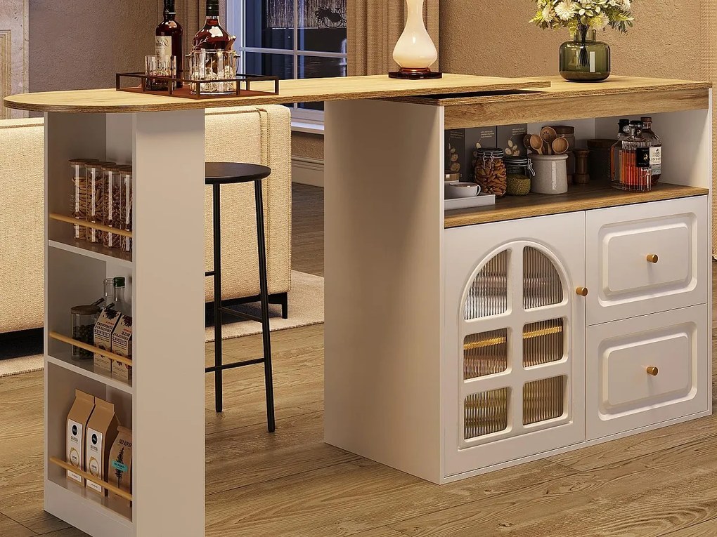 Obrotowy mebel barowy 360° i chowany - z 2 szufladami i 1 drzwiami - otwarte półki - biały + naturalny