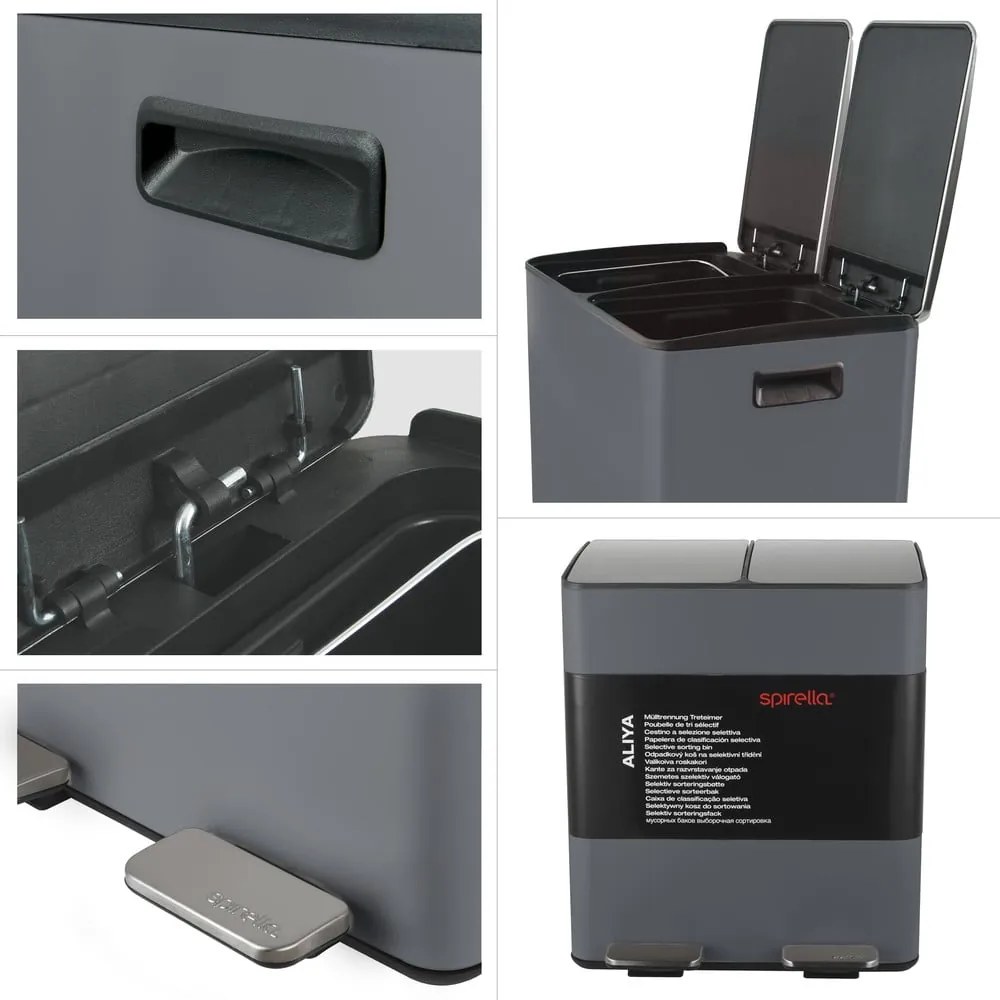 Ciemnoszary stalowy kosz na śmieci 2x20 l do segregacji odpadów/z pedałem Aliya – Spirella