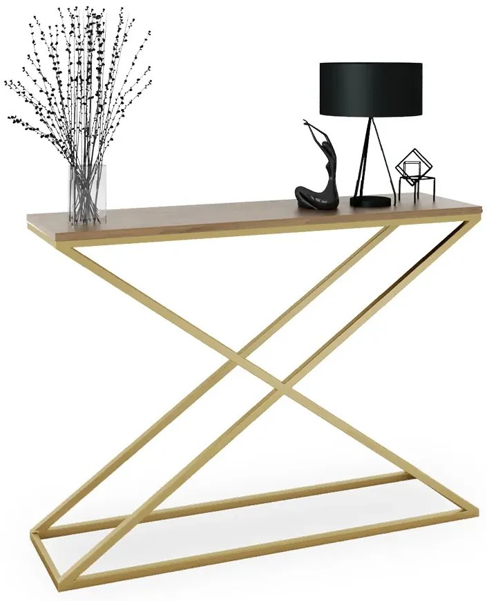Nowoczesna konsola z metalowym stelażem złoty + dąb lancelot Z9-S64