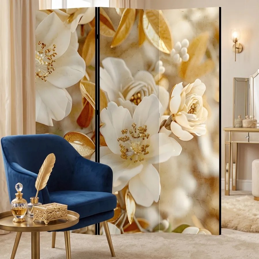 Parawan pokojowy 3-częściowy 135x172 Jednostronny dekoracyjny glamour Beżowy Złoty Ogród Magnolii