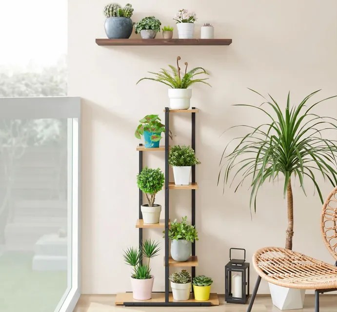 Industrialny regał kwietnik z 6 półkami dąb + czarny G0-W87