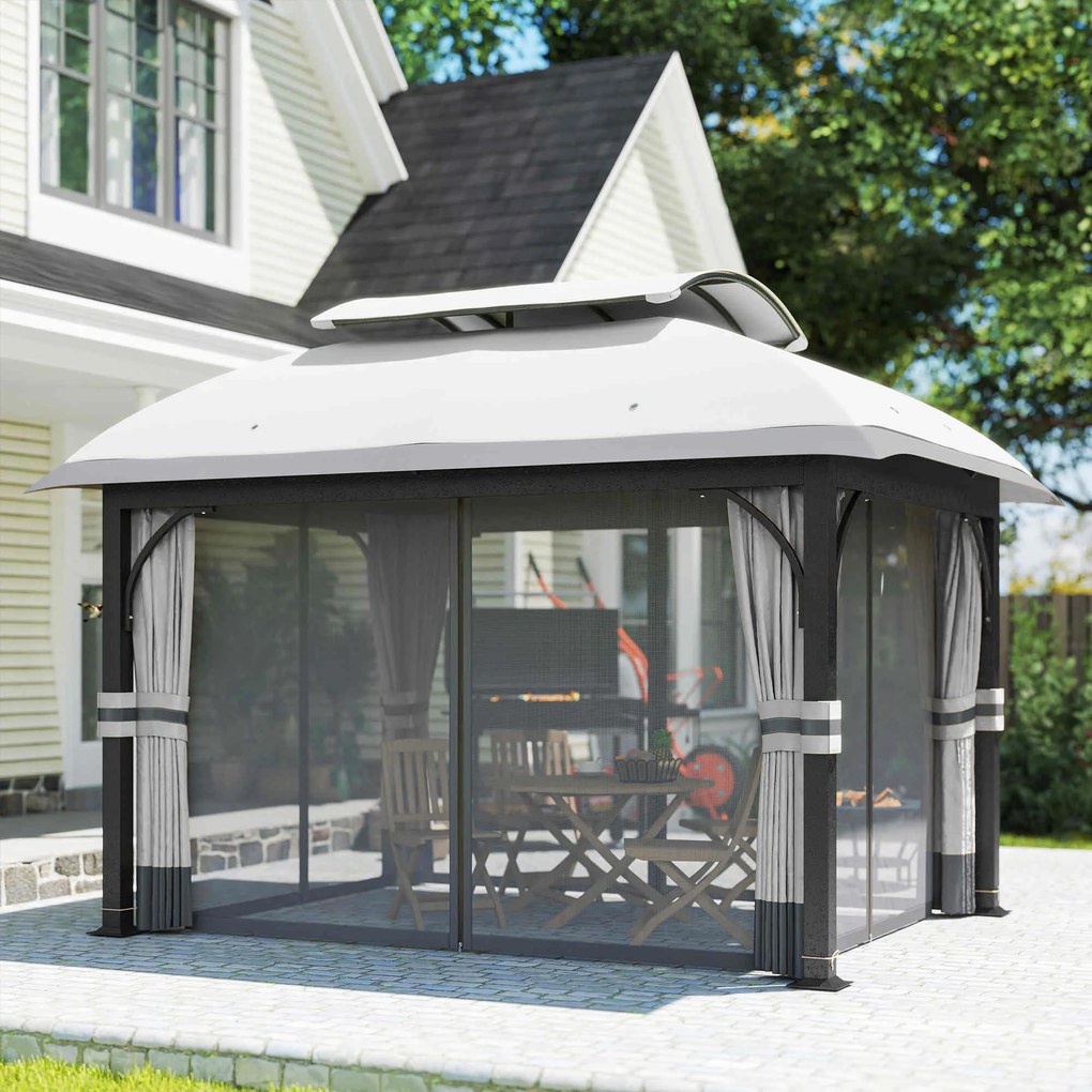 Outsunny pawilon ogrodowy 3x4 metalowy namiot ogrodowy z moskitierą dwupoziomowy dach jasnoszary do ogrodu altana | Aosom PL