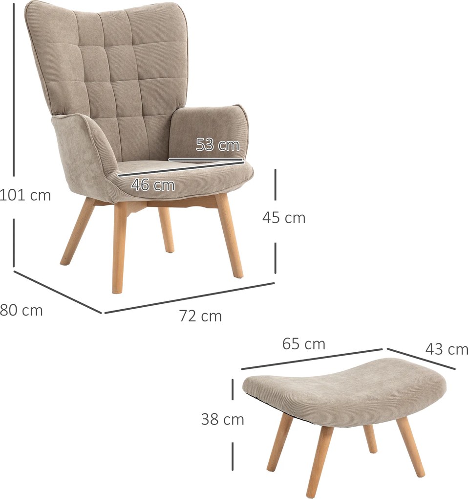 HOMCOM fotel relaksacyjny fotel skandynawski zestaw foteli fotel z podnóżkiem z uszami drewno bukowe szary wygląd sztruksu | Aosom PL