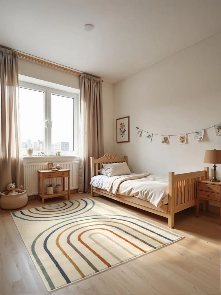 Dywan dziecięcy Adventures – Podwójna tęcza naturalne kolory 120 cm x 170 cm Atest Oeko - Tex