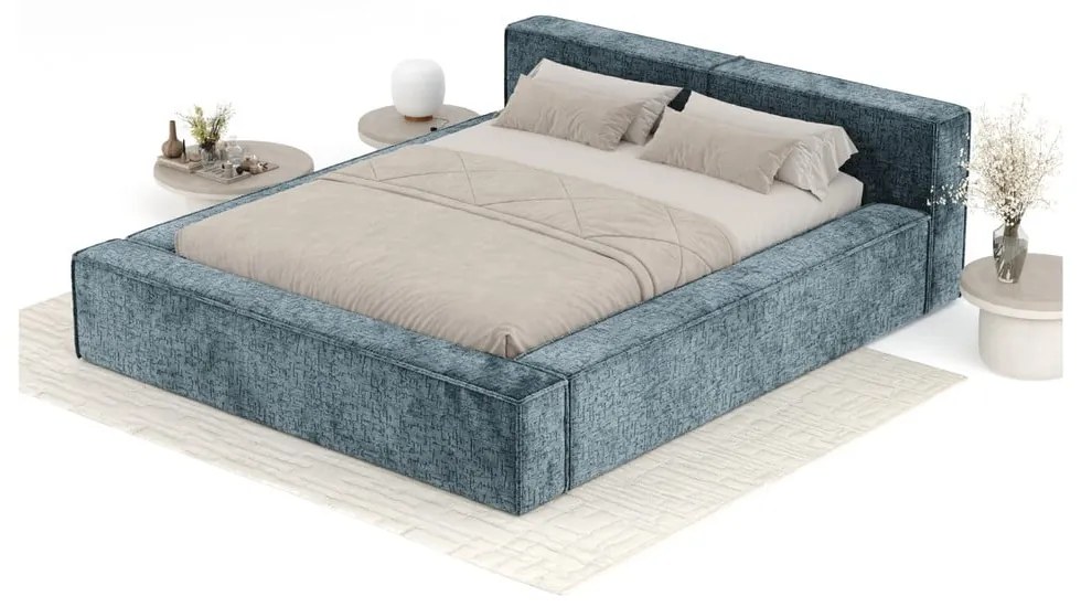 Szaroniebieskie tapicerowane łóżko dwuosobowe ze schowkiem i stelażem 200x200 cm Voliera – Maison de Rêve