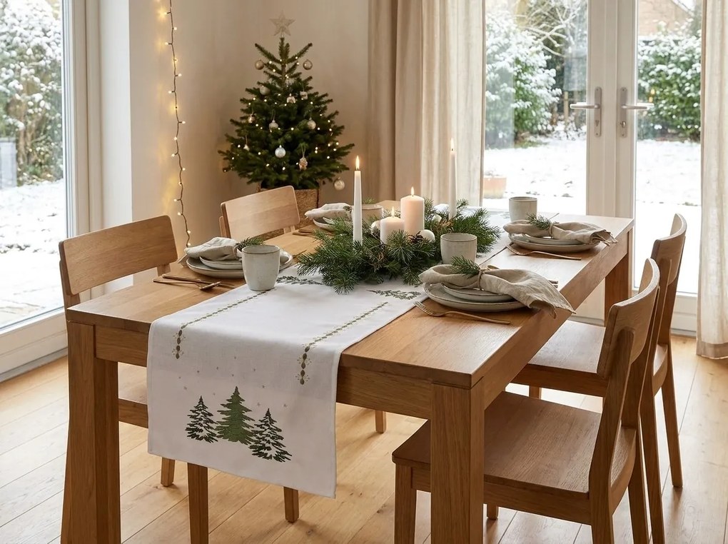 Świąteczny bieżnik na stół EVERGREEN CHARM 40x140 cm, biały