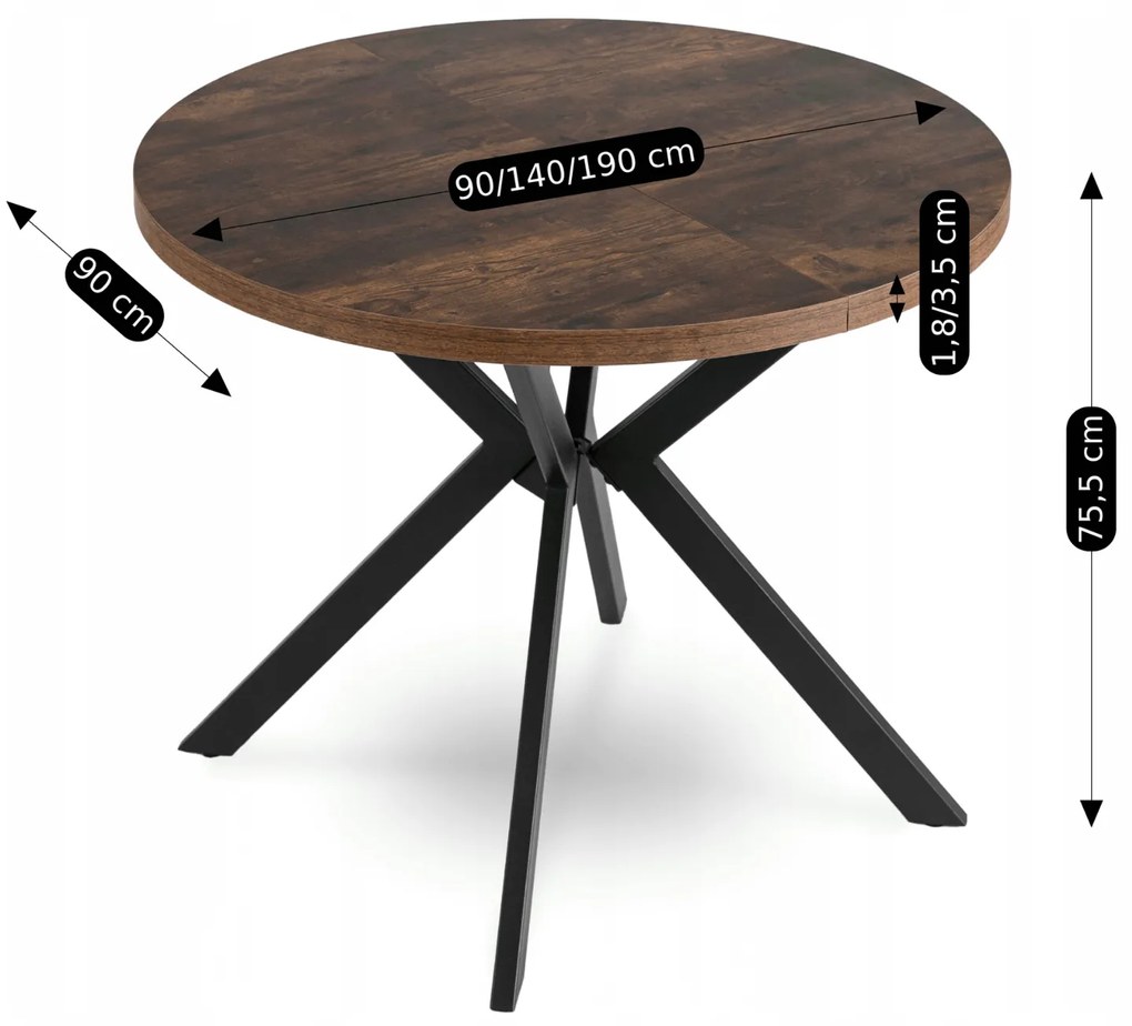Stół Okrągły Rozkładany LUGO 90-190 cm Dąb Rustykalny/Czarny Loft