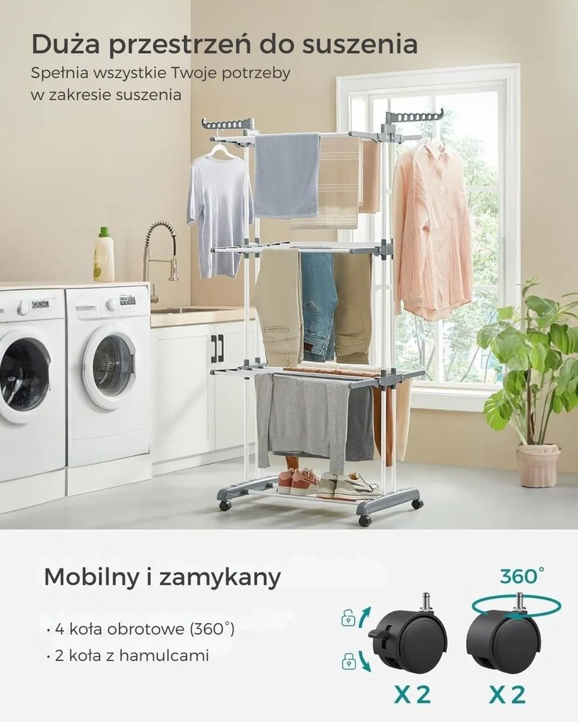 Suszarka na pranie ELTON z 4 poziomami na kółkach, 63,5x128x173cm,biały/szary SongmicsHome