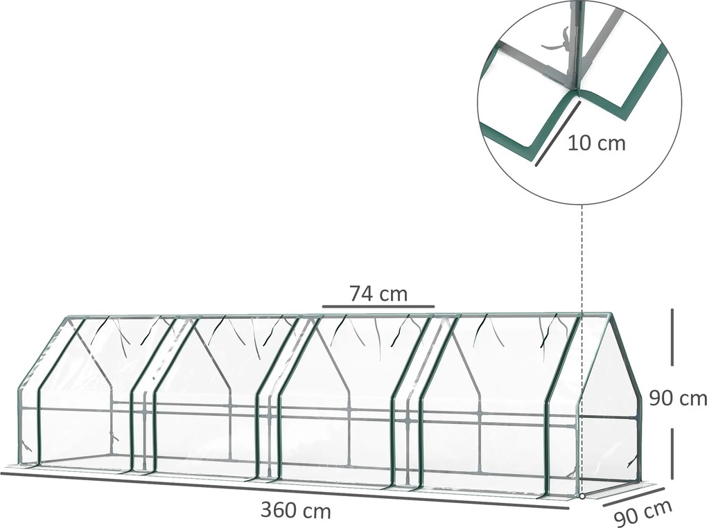 Outsunny Szklarnia z drzwiami na zamek błyskawiczny, mrozoodporna foliowa szklarnia ze stali 360 x 90 x 90 cm Przezroczysta | Aosom PL