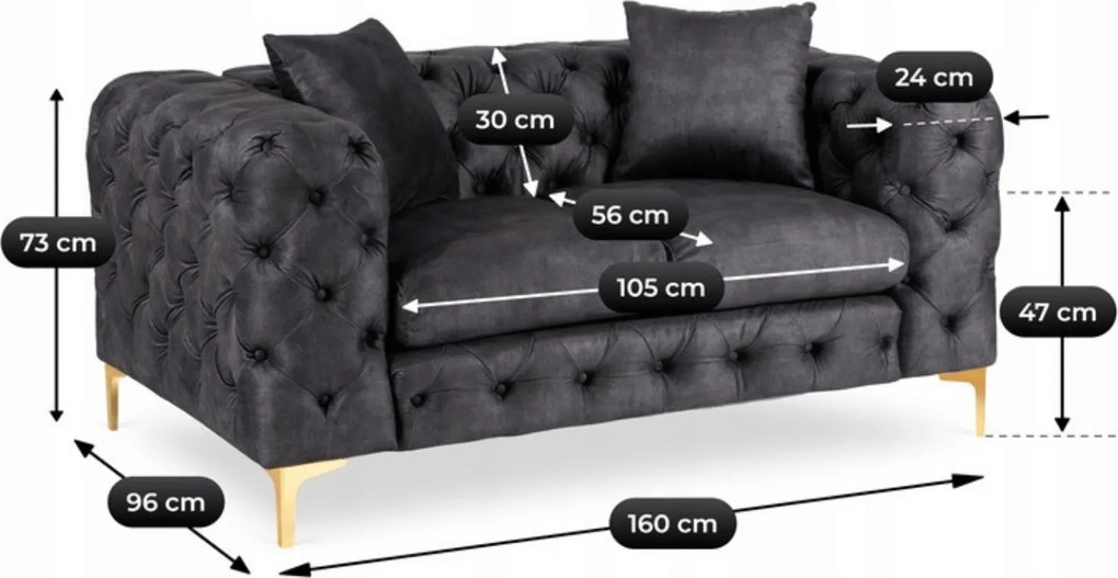 Sofa SORRENTO 2S Dwuosobowa Czarna Welurowa Nowoczesna Glamour