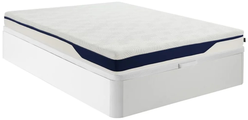 Zestaw 140 x 190 cm biała rama łóżka z pojemnikiem + materac piankowy HD 7 stref i i zdejmowana warstwa żelowa z pamięcią kształtu gr. 22 cm - FAGANI od YSMÉE
