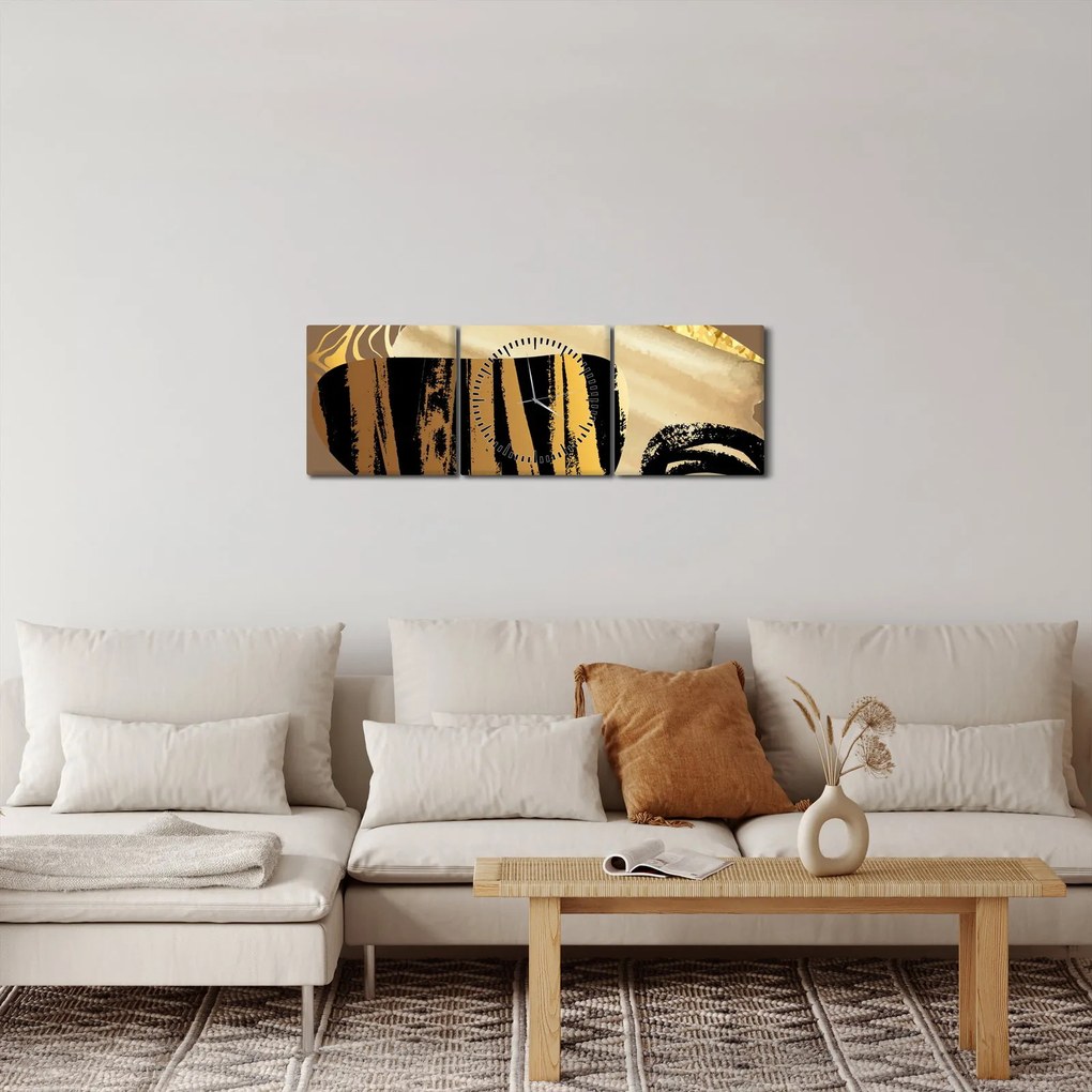Obraz - Abstrakcja złotobrązowy N⁰2 (z zegarem) (90x30 cm)