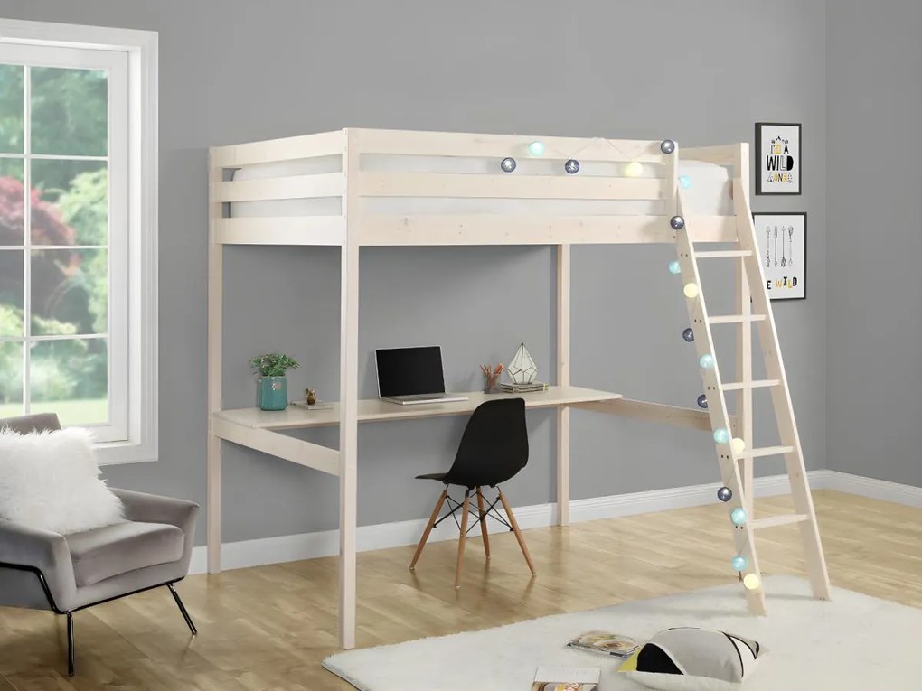 Łóżko antresola GEDEON - 140 × 190 cm - Z biurkiem - Lite drewno sosnowe - Bielone + materac