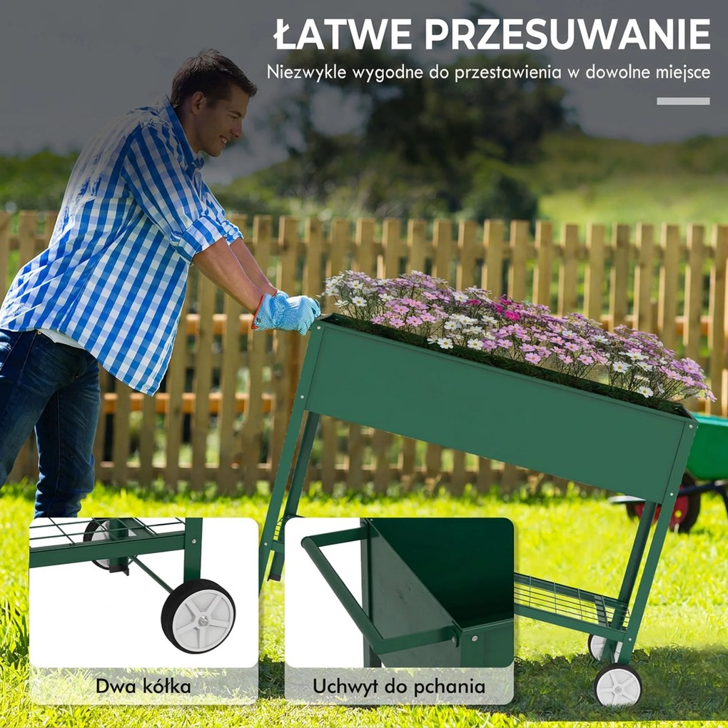 Outsunny Wysokie łóżko ogrodowe na kółkach, regał na zioła, metalowy skrzyniowy ogródek roślinny do ogrodu, balkonu, szary, 109 x 44 x 80 cm
