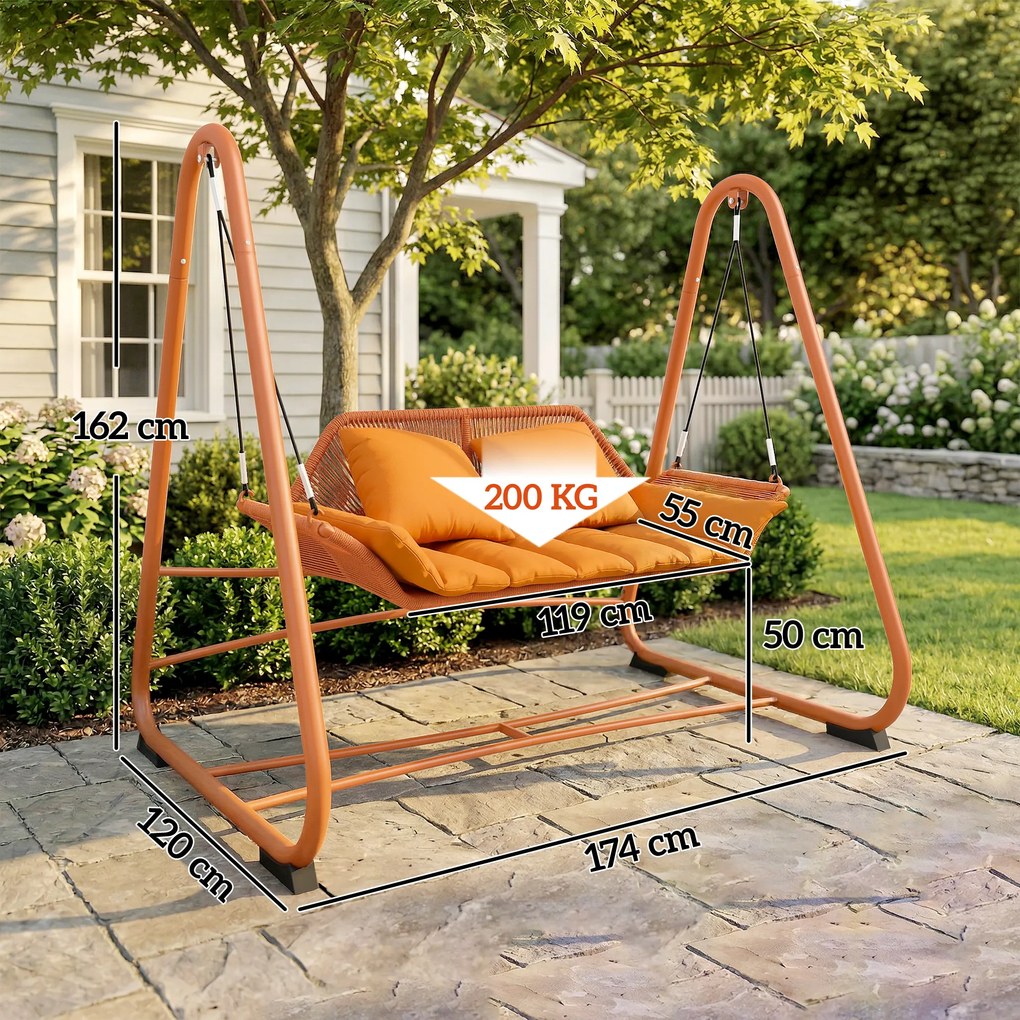 Outsunny Huśtawka ogrodowa, huśtawka z poduszkami, z ramą, do ogrodu, na balkon, 174 x 120 x 162 cm, metal, terakota | Aosom PL