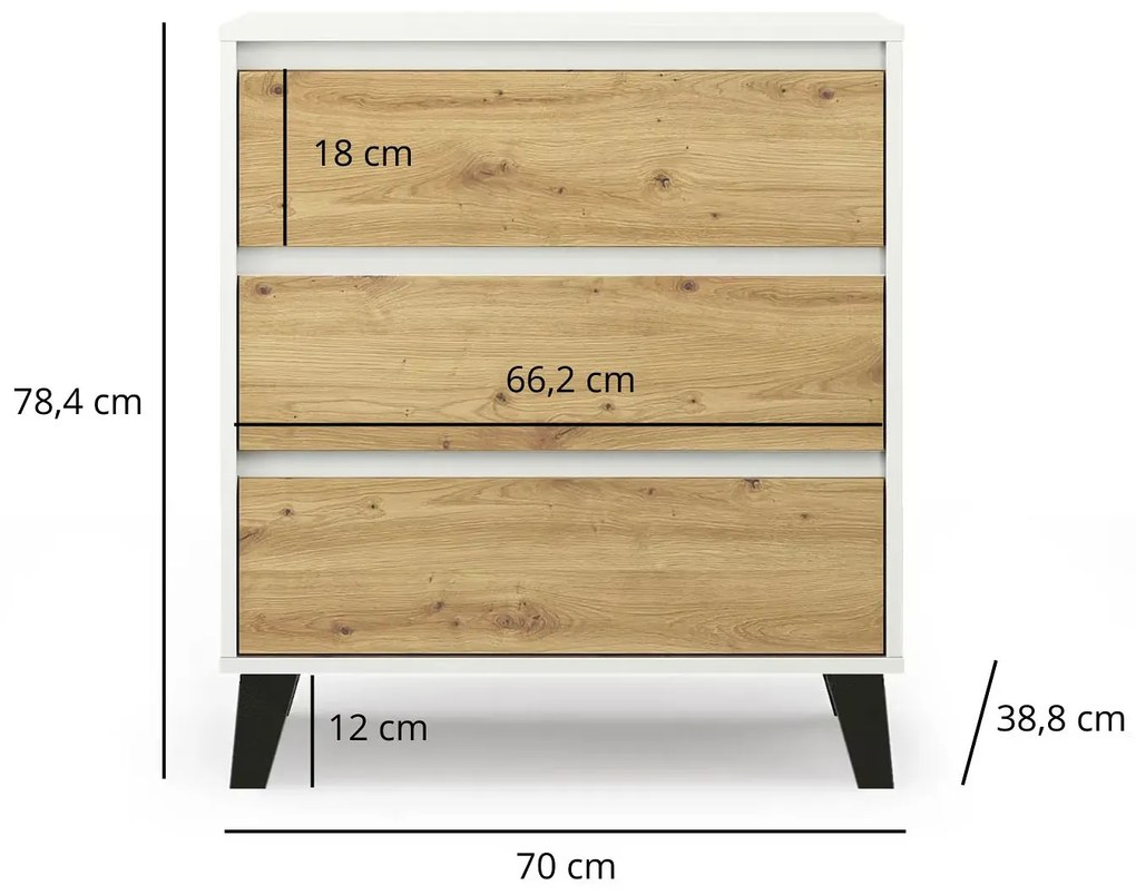 Minimalistyczna komoda z 3 szufladami biały + dąb artisan S1-D15