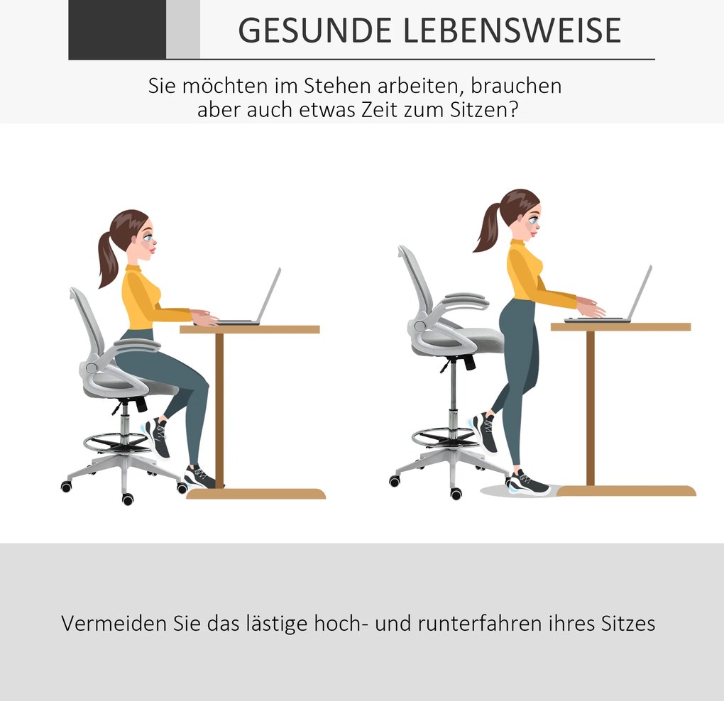 Fotel biurowy Vinsetto, krzesło biurowe, funkcja stania, z podnóżkiem, obrotowe siedzisko, stal, czarny, 64 x 60 x 106-126 cm