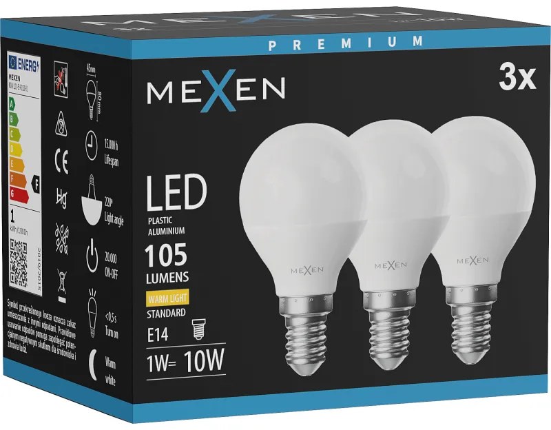 Mexen Nova 3x żarówka LED E14, G45, 1W, Ciepła - 3000K, 105 lm - L101-E14-0130-01x03