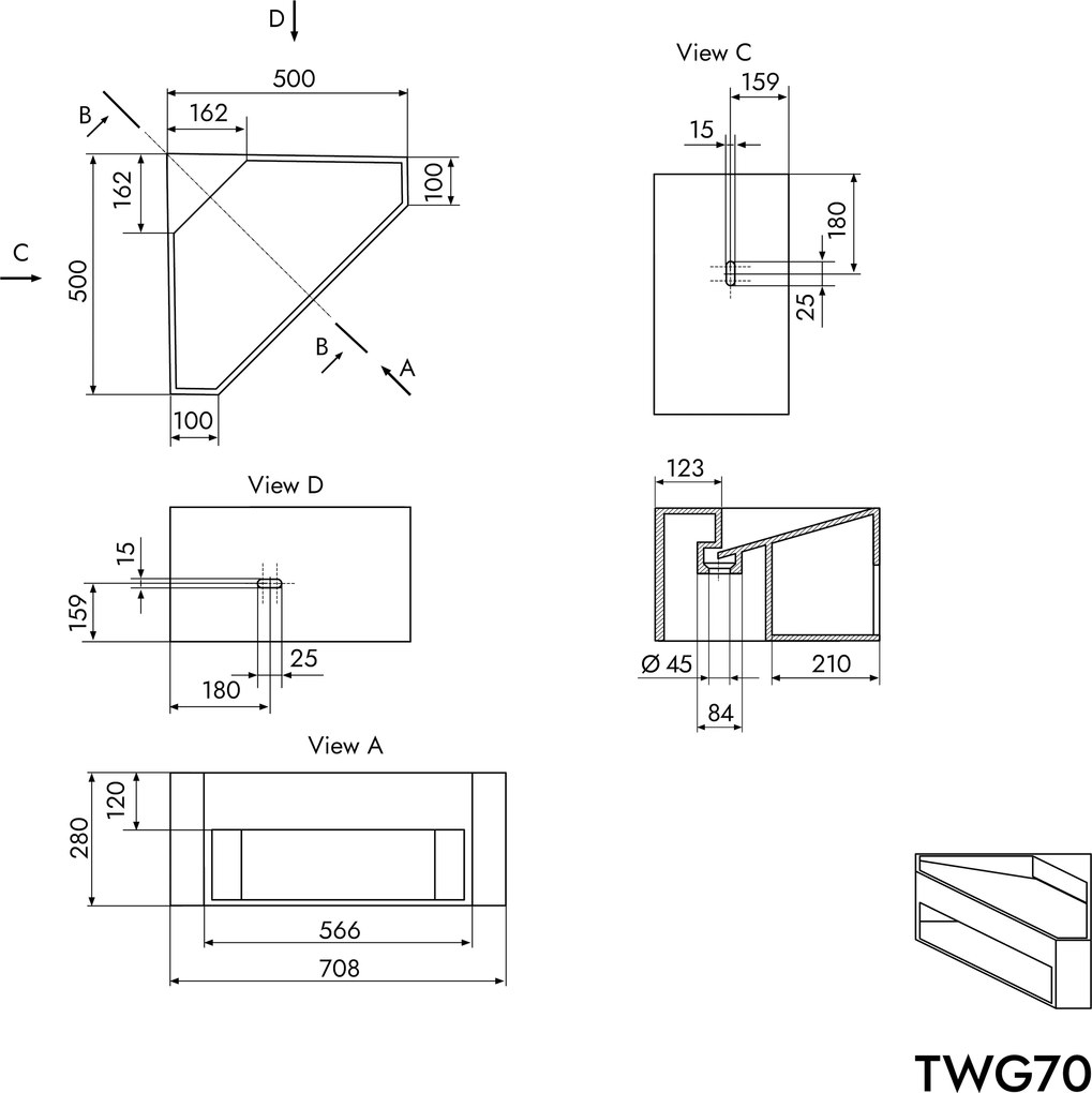 Umywalka ścienna narożna TWG70