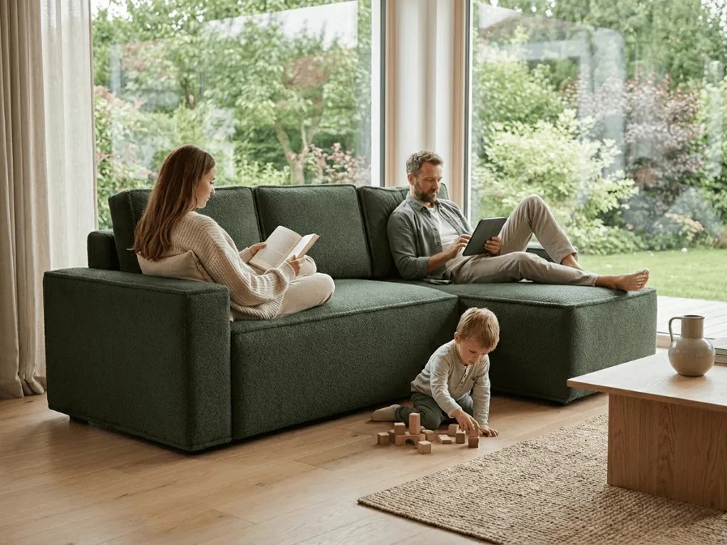 Rozkładana narożna sofa SMART BOUCLE 232x143 cm, ciemnozielona, uniwersalna