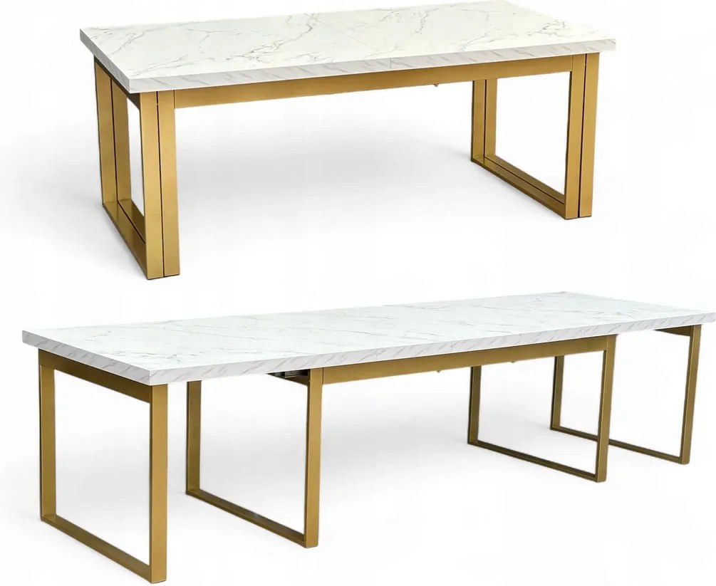 Stół Duży Złoty + Marmur Biały 100x200 rozkładany do 400 cm Metalowe Nogi