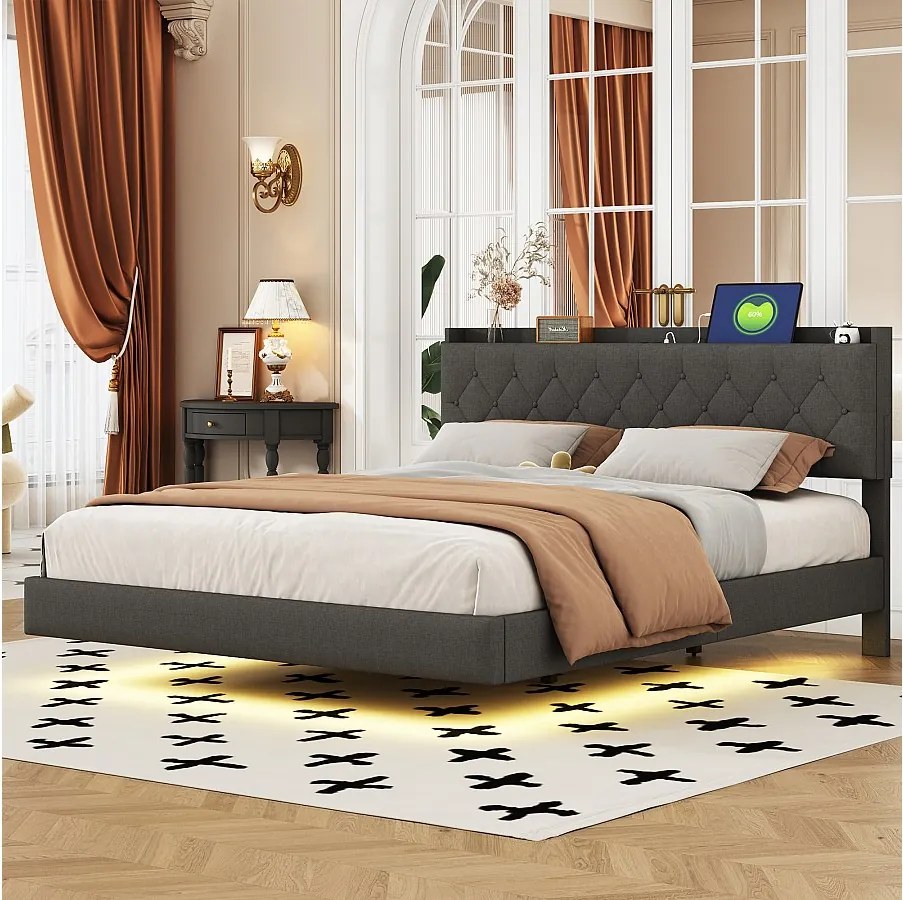 Łóżko tapicerowane 160 x 200 cm z wezgłowiem - Port USB i diody LED - Tkanina lniana - Szare (bez materaca)