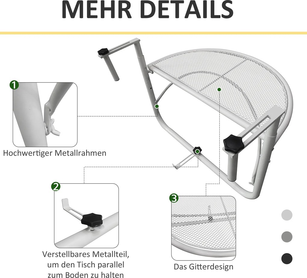 Outsunny Stół Wiszący Balkonowy Półokrągły Regulowana Wysokość Metalowy Biały Ø30cm 60x45x50cm | Aosom PL